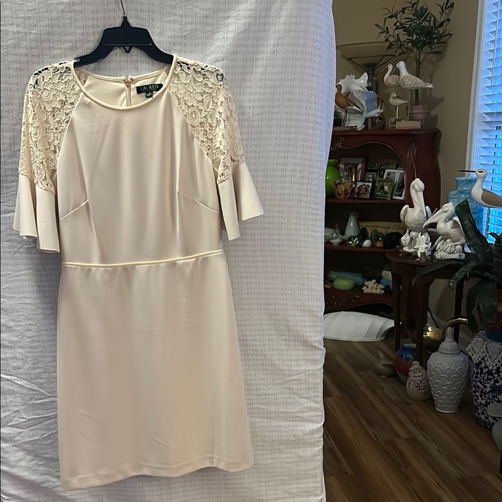 Lauren Ralph Lauren Cream Midi Dress with Lace Flutter Sleeves